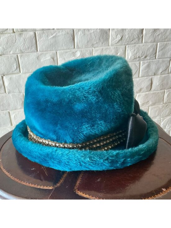 Vintage 1960s Duchess Italian Blue Faux Fur Bucket Hat + Ribbon Bow Applique